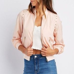 Blush Pink Grommet Trim Bomber Jacket